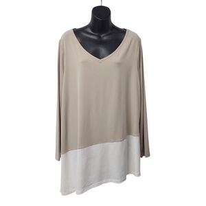 Susan Graver Womens Liquid Knit Tunic Top Beige White Two-Tone Long Sleeve 1X